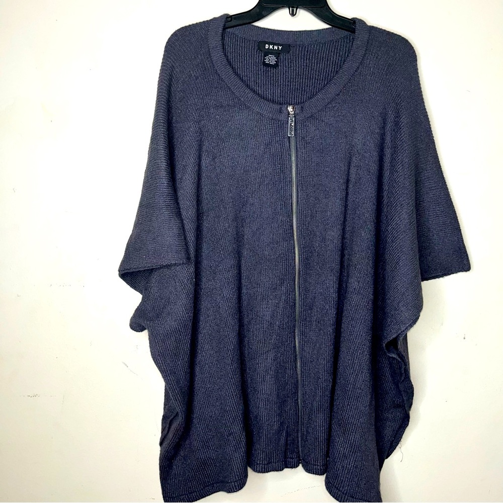 DKNY Ribbed Knit Zip Poncho Cape Topper Wrap Gray